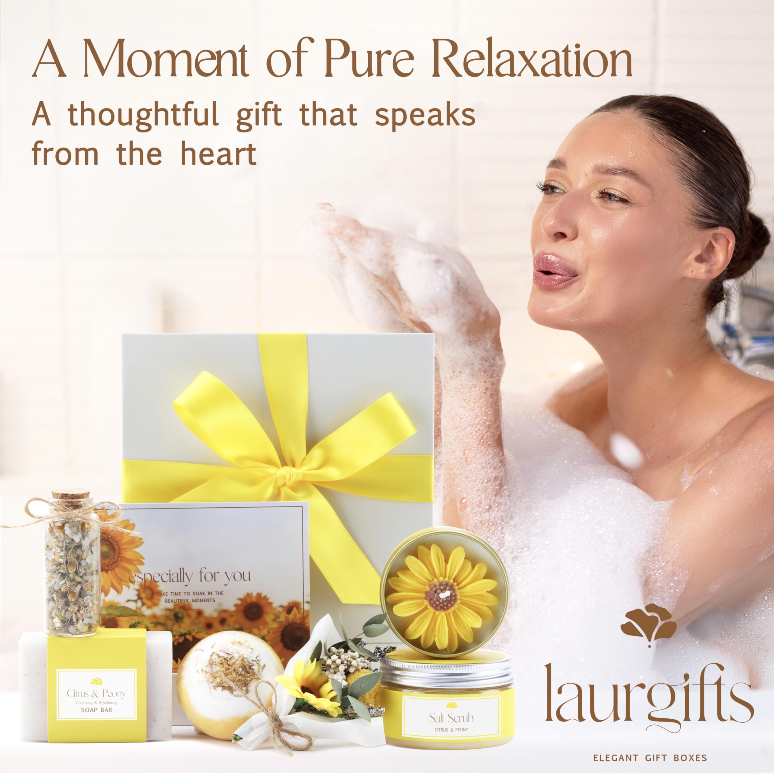 Birthday Gifts for Women – Yellow Sunshine Spa Gift Box, Luxury Bath & Self Care Package with Citrus & Peony Scent for Mom, Sister or Friend