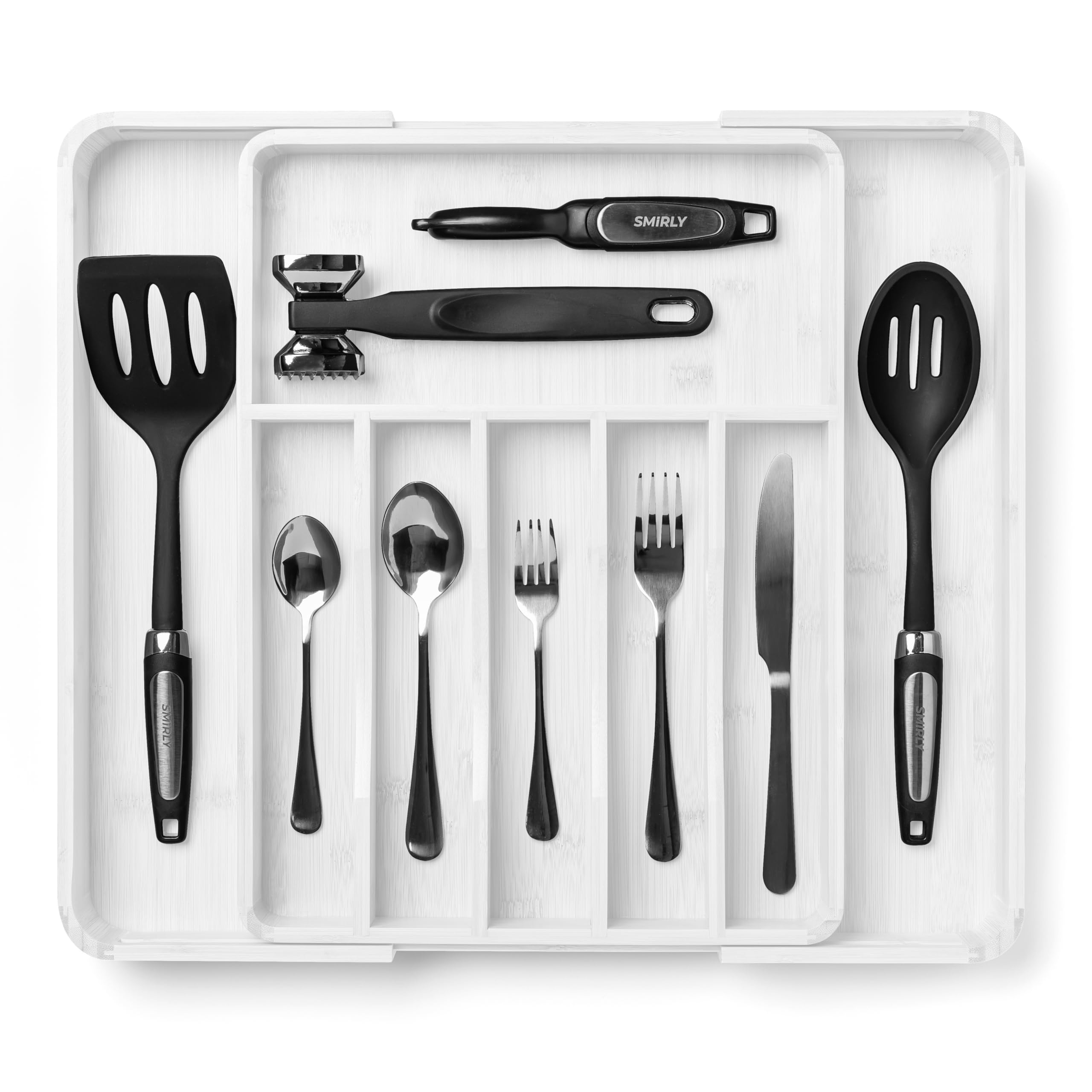 SMIRLY Bamboo Silverware Organizer for Drawer - Expandable Kitchen Drawer Organizer, Kitchen Utensil Organizer for Kitchen Drawers - Silverware Tray for Drawer - Flatware & Cutlery Organizer, White