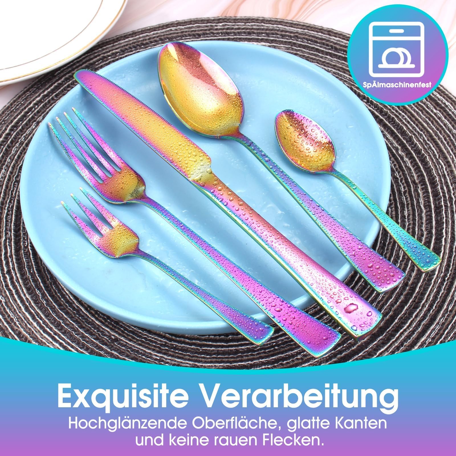 Juego de cubiertos para 6 personas, 30 piezas, multicolor, incluye cuchillo, tenedor, cuchara, cubiertos de acero inoxidable pulido con espejo, apto para lavavajillas