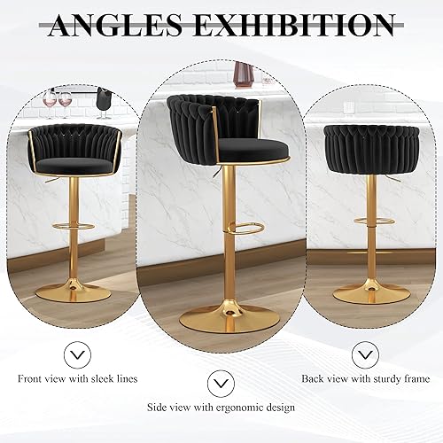 Miniatura 7 de Gold - Juego de 2 taburetes de bar giratorios de terciopelo, taburetes de bar tejidos en altura ajustable con respaldo hueco, taburetes de cocina