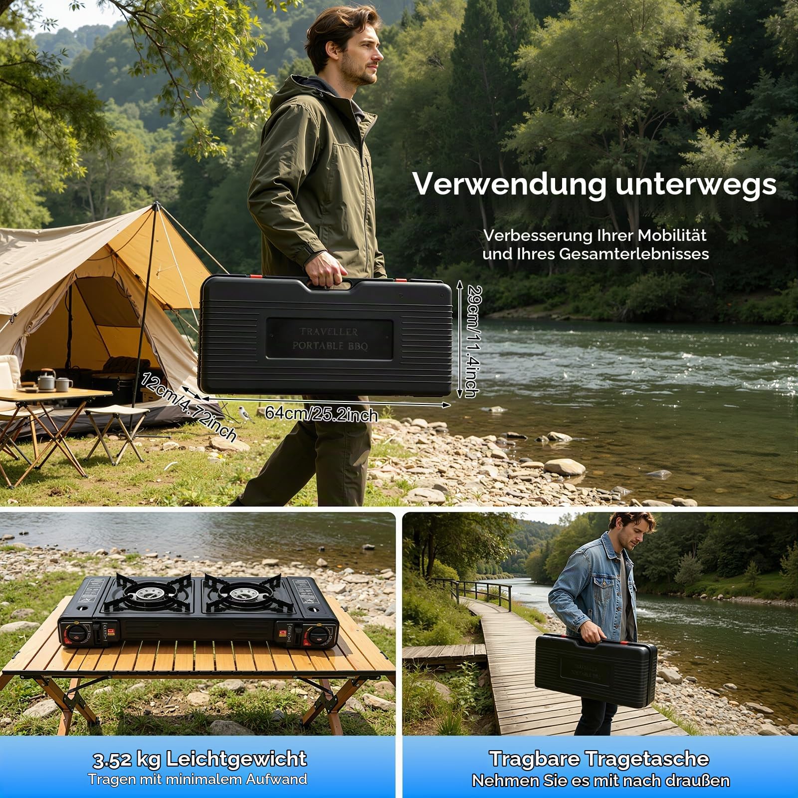 2-Brenner Gasgrill, 2 Flammig Gaskocher, Tragbarer Doppelbrenner BBQ Grill, Tischgasgrill Mit Überdruck-Sicherheitsventil, Camping Gas Kocher für Garten, Outdoor Kocher für Butan oder LPG