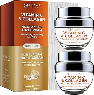 Clear Beauty Vitamin C & Collagen Face Moisturizer - Hydrating Anti Aging Day & Night Cream - Firms Smooths & Evens Skin Tone - Dermatologist Tested, Korean Skin Care Set, Clean Beauty - Duo Pack
