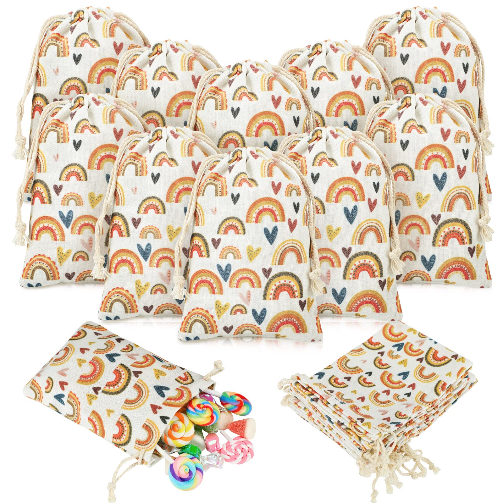 20 Pieces Boho Bags Boho Favor Bags Mini Canvas Drawstring Treat Pouches Rainbow Candy Goodie Bags, 4 x 6 Inches for Kids Boho Rainbow Themed Birthdays Baby Shower Christmas Decoration