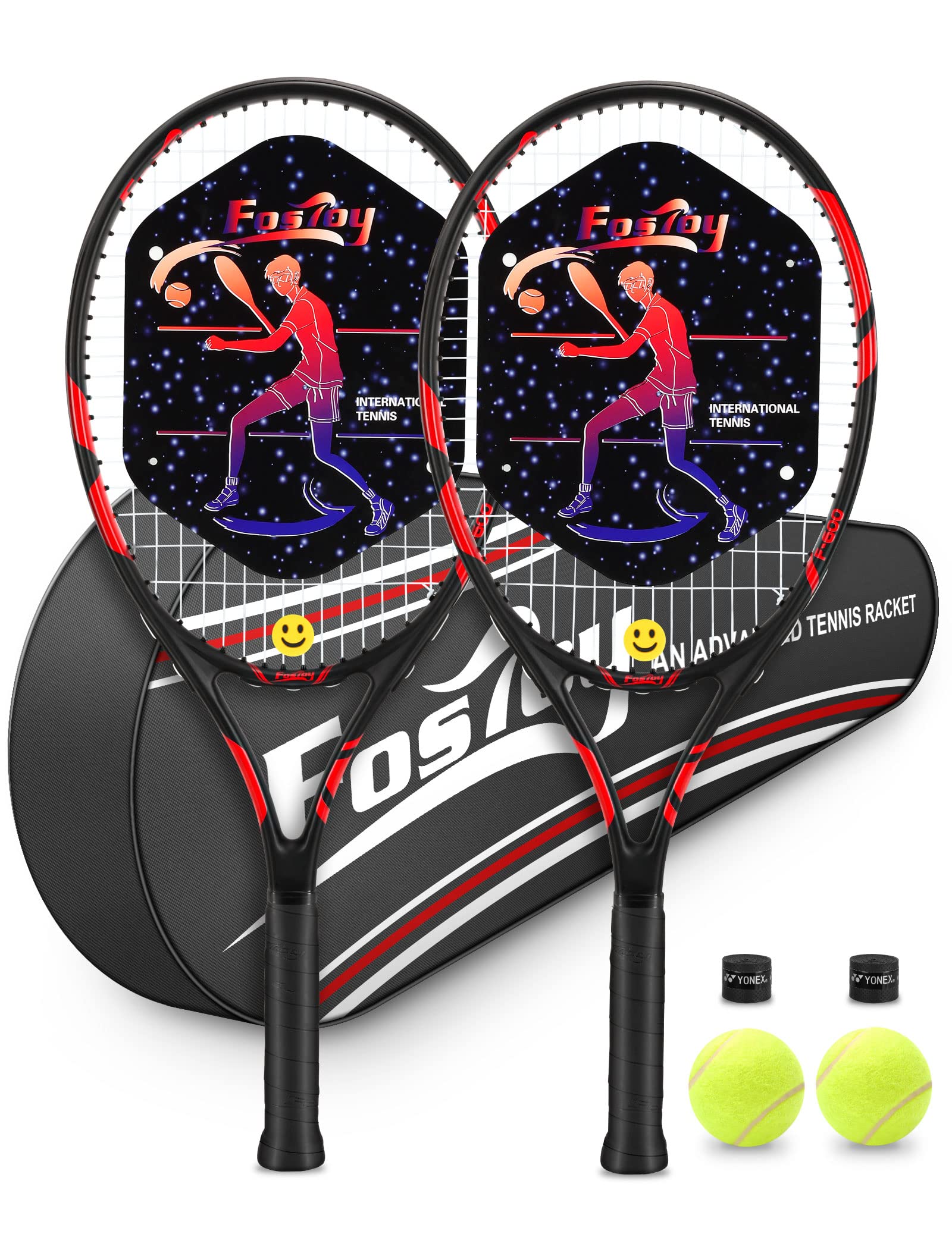 Fostoy Adult Tennis Racket, 27 inches Tennis Racquet 2 Pack, Perfect for Beginner Student Women and Men Tennis Racket, with Carrying Bag, Overgrip Tape, Vibration Damper (Red)