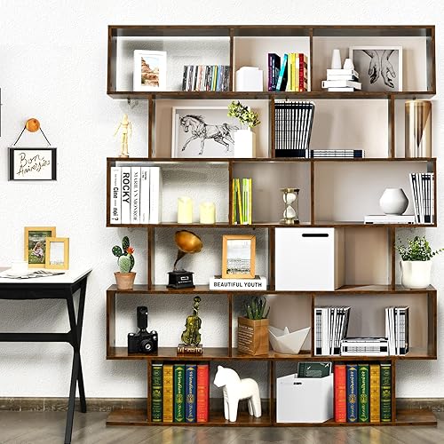 Miniatura 25 de Tangkula Estantería en forma de S de 6 niveles, 31.5 pulgadas de largo x 9 pulgadas de ancho x 75 pulgadas de alto, estantería de madera y Negro