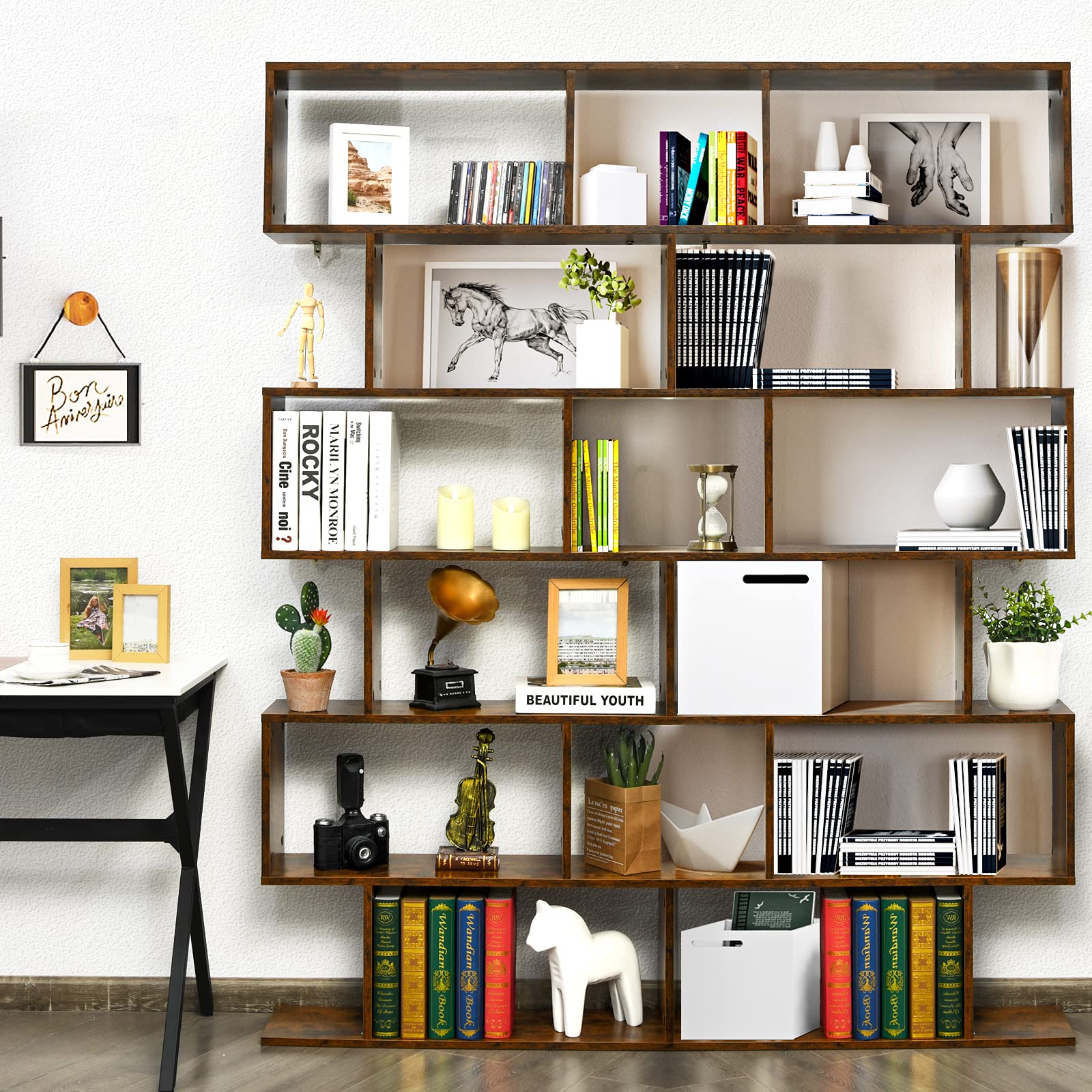 GIANTEX Libreria a Forma di S, Scaffale con 6 ripiani, Libreria in Legno a 6 Livelli, Scaffale per Libri, Libreria Multifunzionale, con Design di Antiribaltamento, 80 x 23 x 191 cm (Marrone)