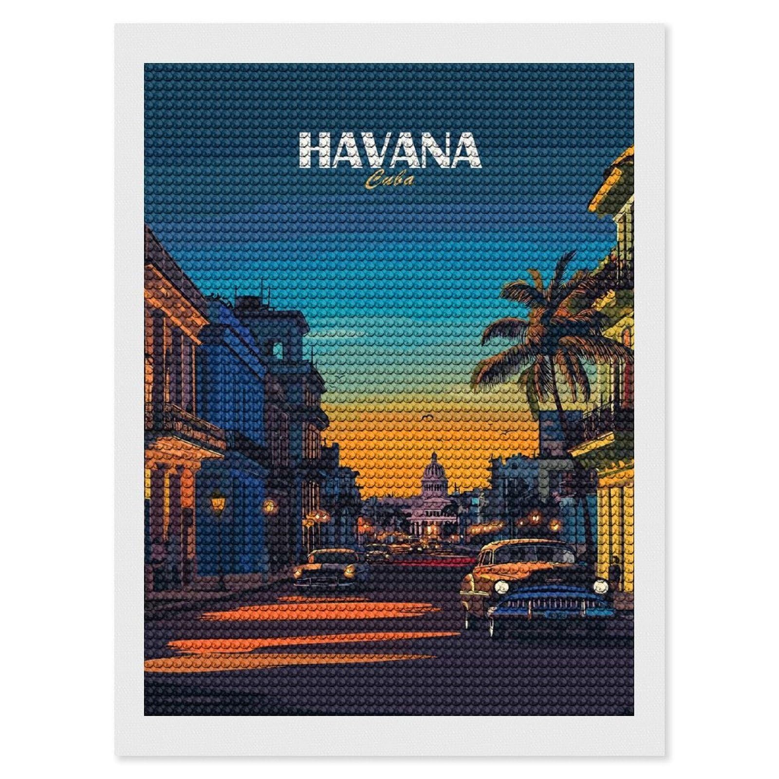 Junmoney Havana Cuba Cityscape Illustration Diamond Painting Canvas Set 12"x16", for Women, Mindful Craft Activity, Cosy Home Accent, Festive Craft Gift