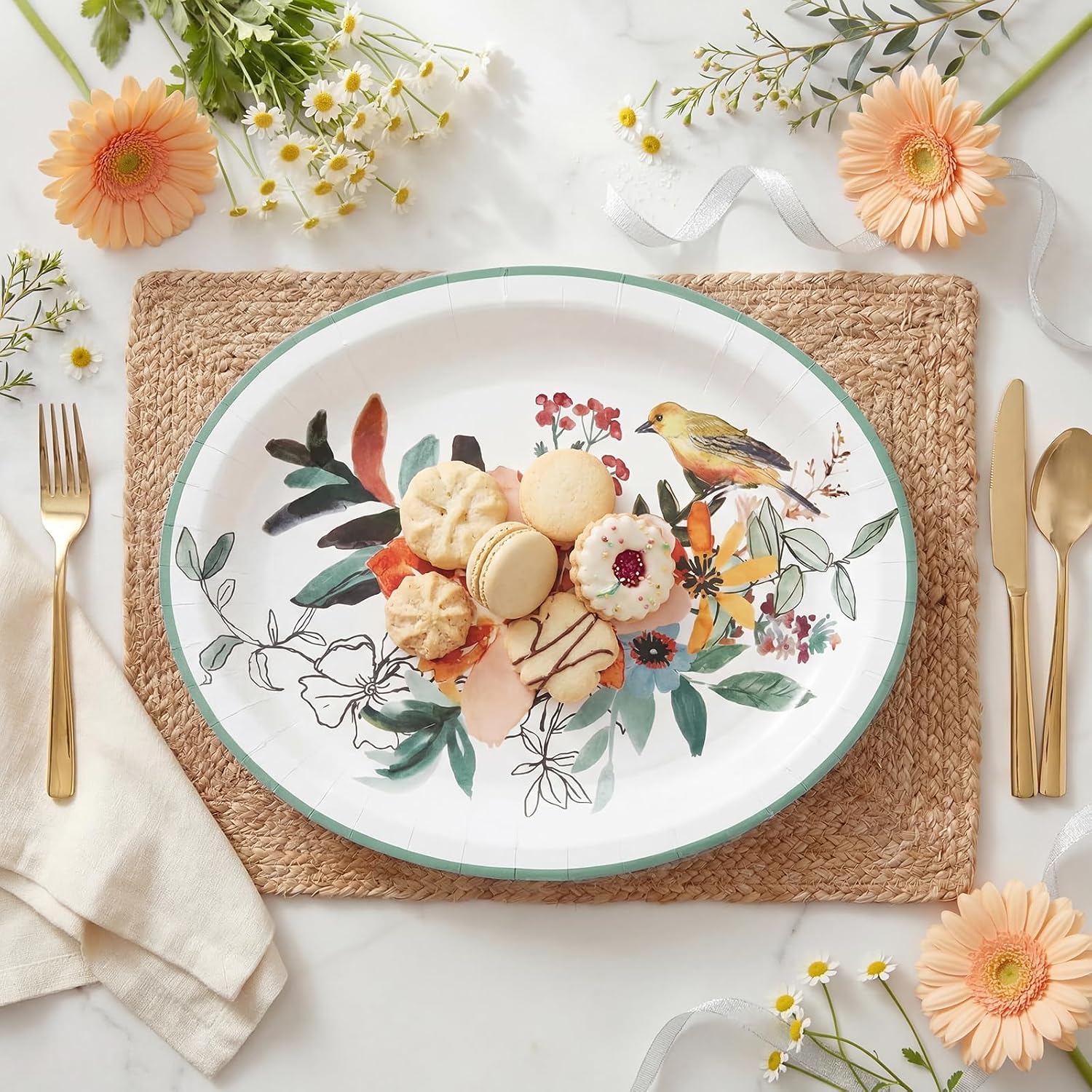 WDF 200 Pieces Gold Plastic Silverware Disposable and WDF 50 Pack Floral Oval Paper Plates