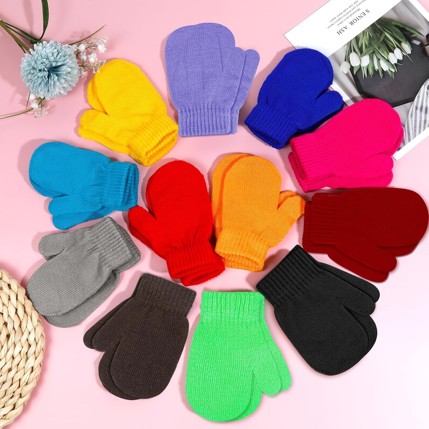 ONESING 12 Pairs Toddler Mittens Kids Knit Warm Mittens Children Solid Winter Gloves for Baby Girls Boys