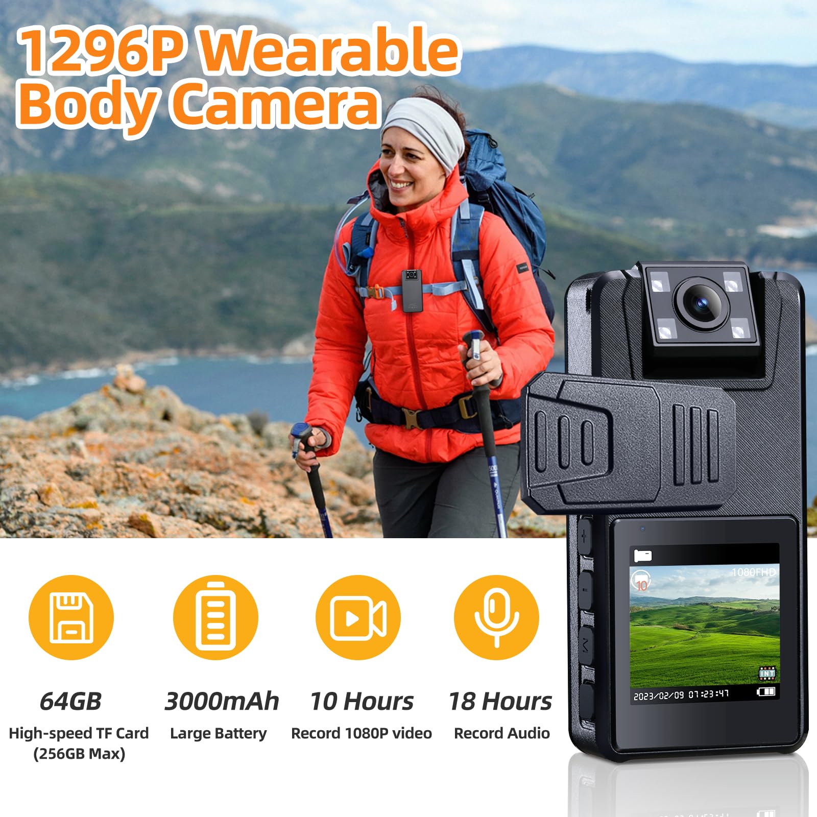 64GB Cámara Corporal con Audio, 1296P Policía Body CAM (2500mAh) con 180° Lente Giratoria y 3 Clips Resistentes, Cámara Corporal para Entrega Ciclismo Interior