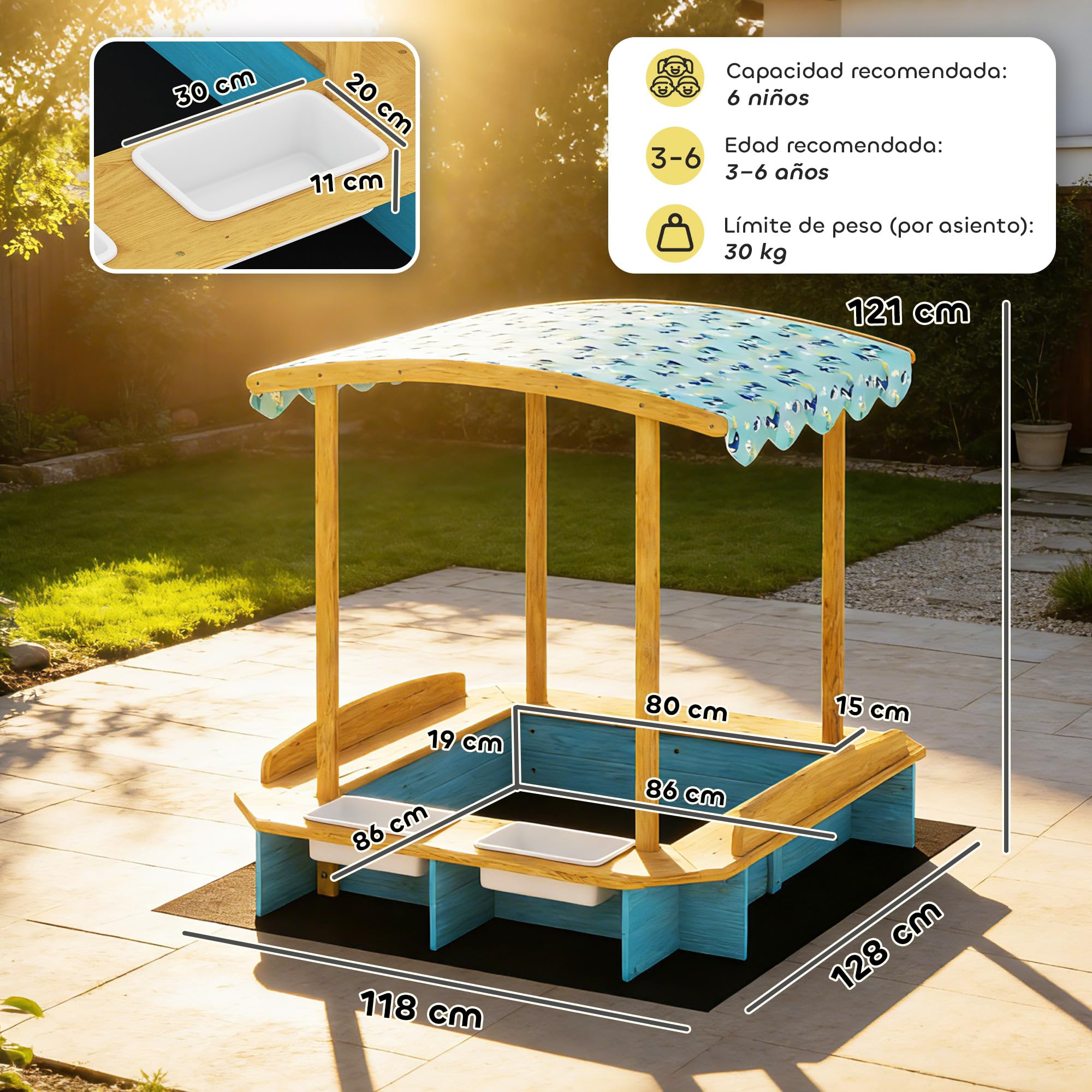 AIYAPLAY Arenero para Niños de Madera con Techo, Arenero Infantil con 3 Bancos, 2 Cajas de PP, Forro, Caja de Arena para Niños de 3-6 Años, para Patio, Jardín, Balcón, 128x118x121 cm, Azul