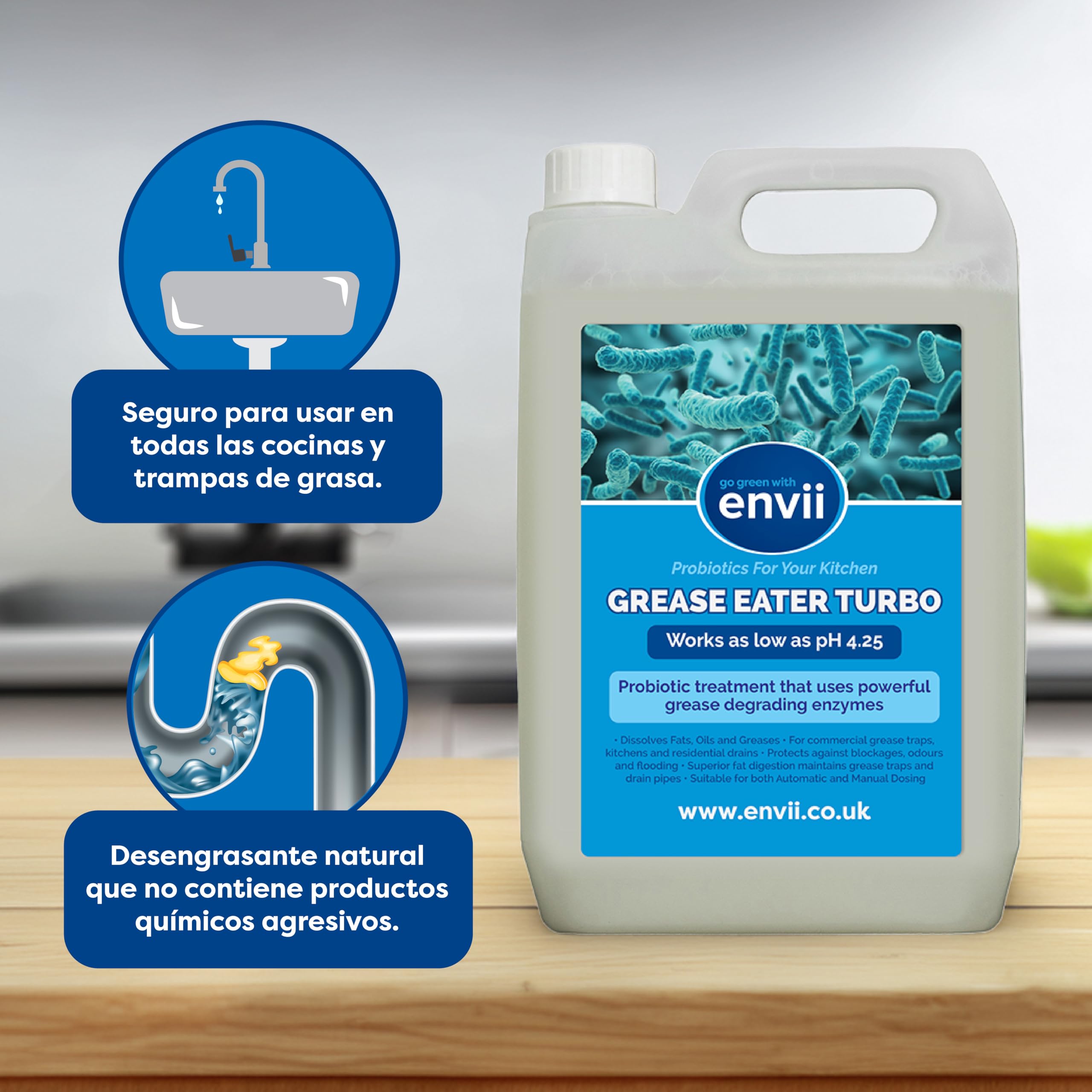 Envii Grease Eater Turbo – Limpiador de Trampas de Grasa - Desengrasante Bacteriano Natural de Cocina Comercial y de Restaurante - Séptico Seguro Desengrasante - 5L