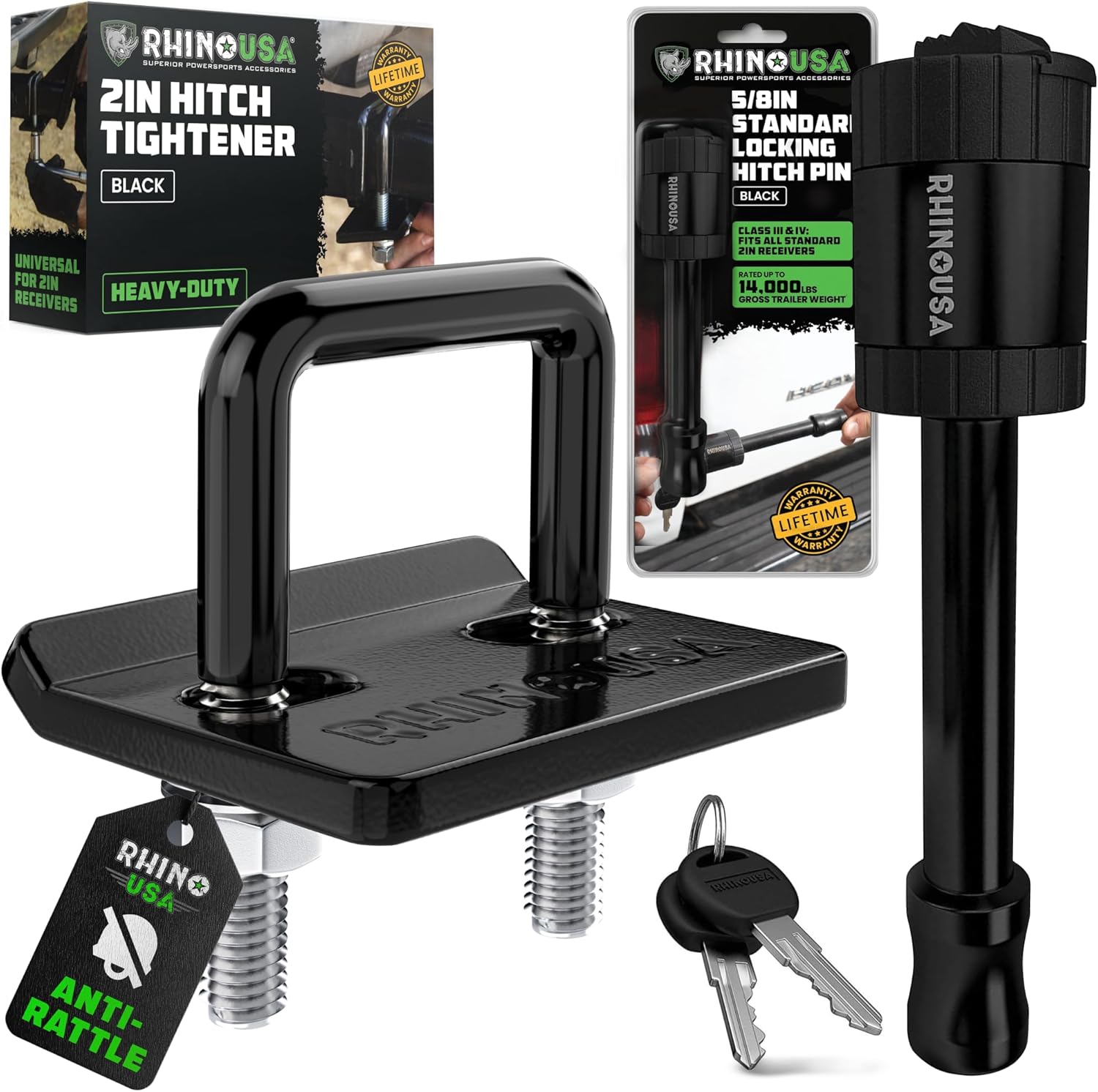 Rhino USA 2" Trailer Hitch Bundle – Locking Hitch Pin + Anti-Rattle Tightener Clamp – Weatherproof, Anti-Theft, Heavy-Duty Stabilizer Kit for Towing, Bike Racks & Cargo Carriers