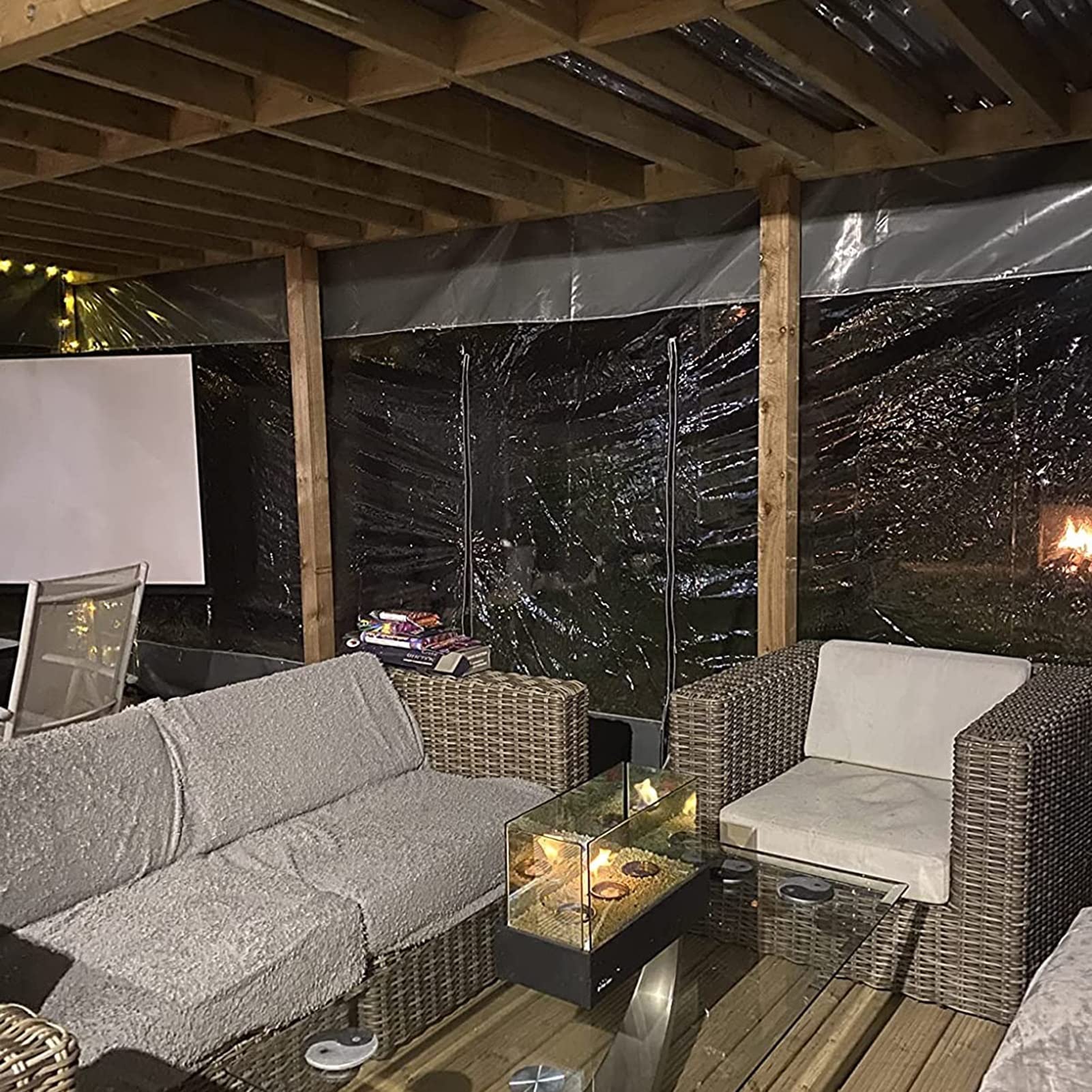 Cortinas de lona transparente impermeables negras resistentes con puerta con cremallera para pérgola, porche y cenador al aire libre, 4,5 x 2 m