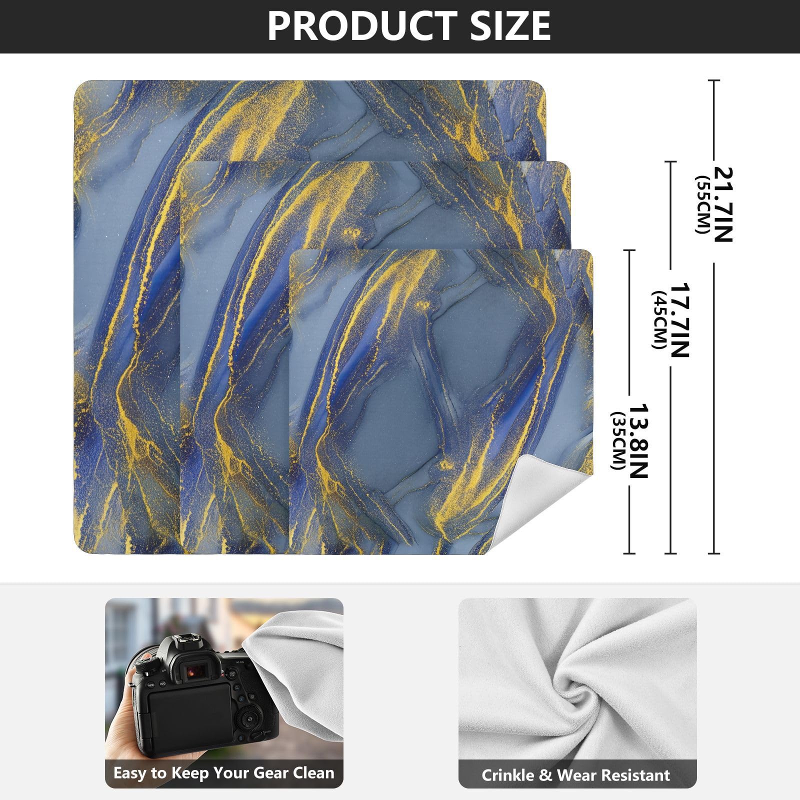 ODAWA Magic Wrap Cloth 21.7 In, Blues Marble Gold Magic Flexible Folding Self-Stick Makeup Bag, Washable Lens Pouch for Camera, Laptops, Cosmetic