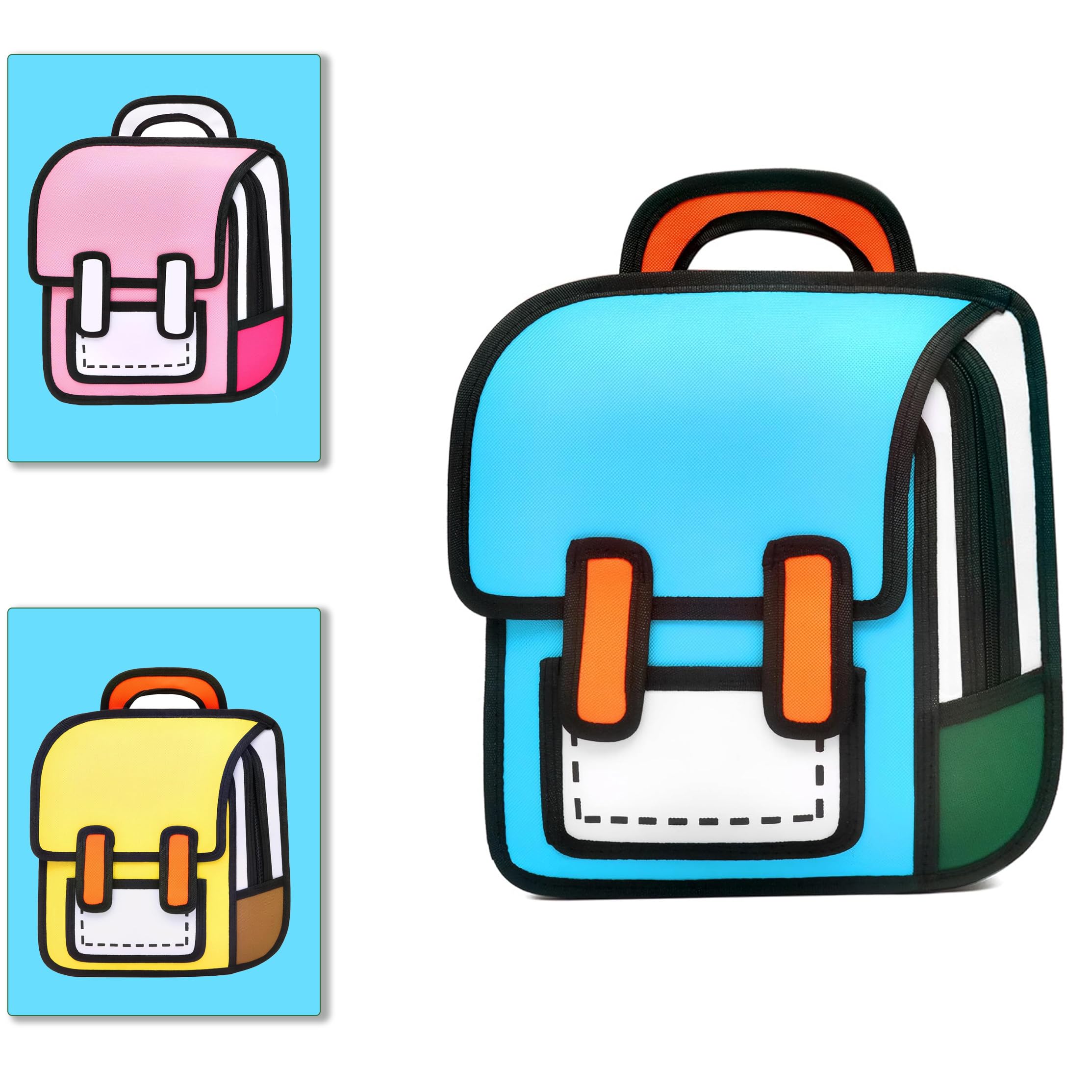 Lifelix Kids Kawaii Backpack for Boys Girls Cute Toddler 2D Cartoon Comic Paper Jump Bookbag Fun Weird School Schoolbag, Blue, Mini, Kawaii