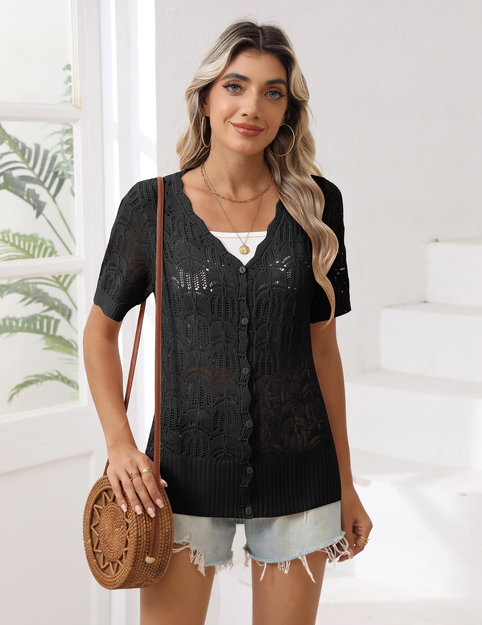 Zeagoo Cardigan estivo da donna a maniche corte, con scollo a V, con bottoni, leggero, traforato, cardigan coprispalle