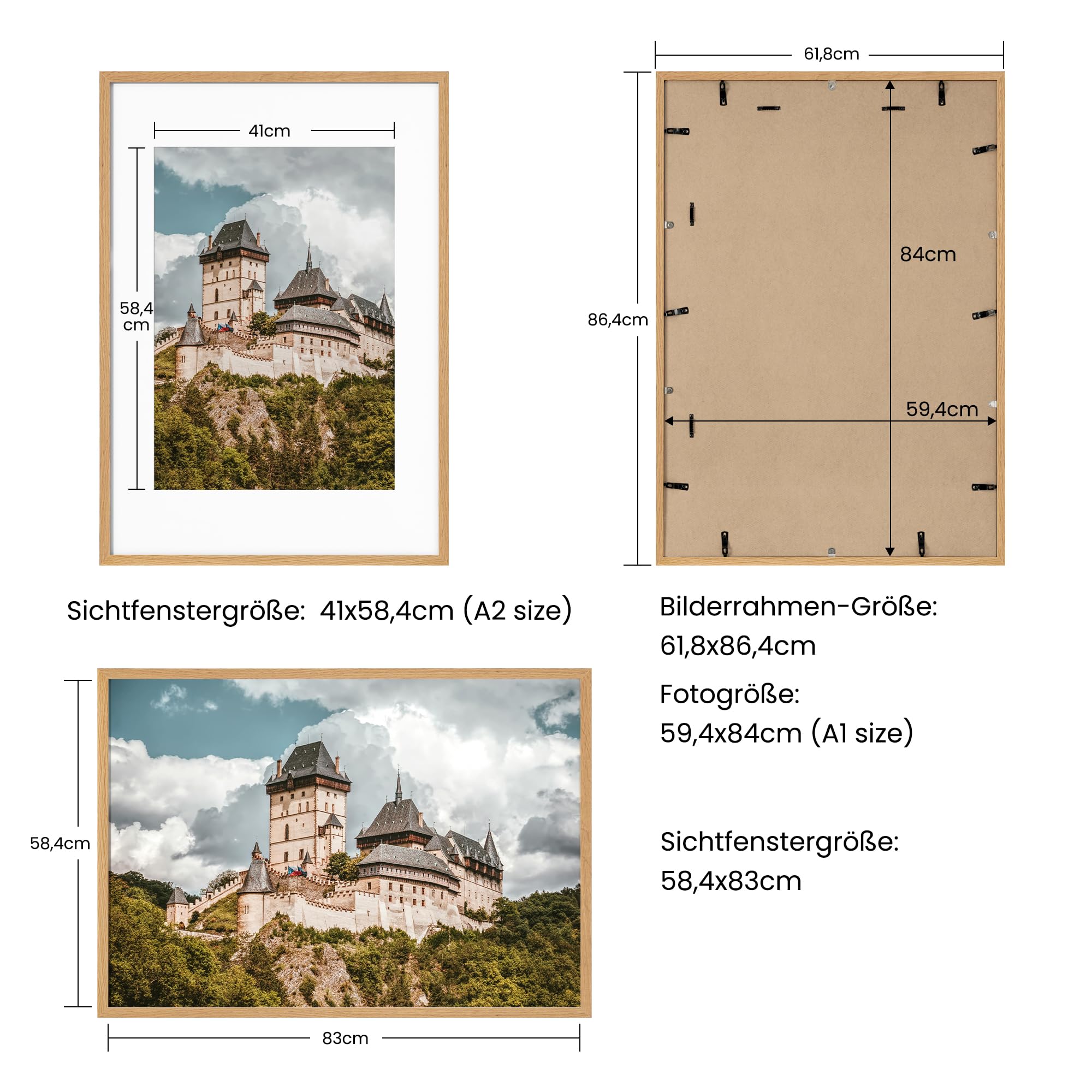 Axeman Bilderrahmen A1 59.4x84 cm Massivholz Eiche Natur mit Passepartout A2 41x58.4 cm - Echtholz Rahmen Echtglas - 1 Stück - Tischaufsteller & Wandmontage - Holzrahmen für Poster. Fotos