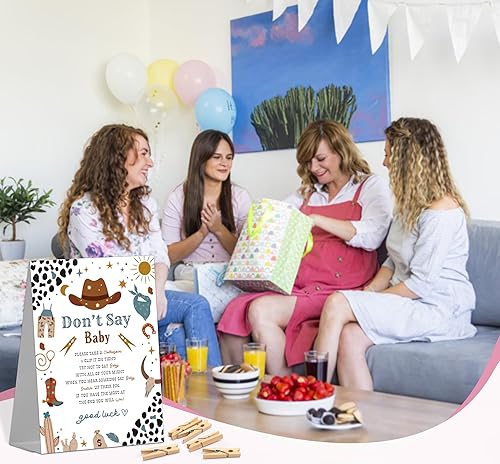 Miniatura 5 de Cartel de juego Don't Say Baby Game (1 letrero + 50 mini pinzas para la ropa), juego de vaquero para baby shower para decoraciones de fiesta de