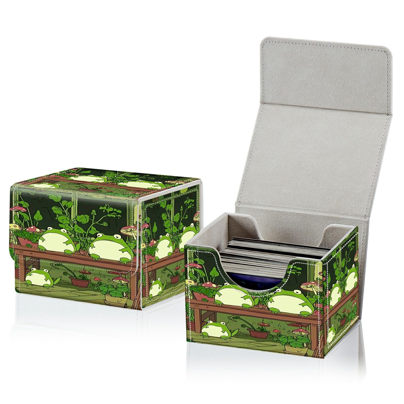 RWUTYTIUL Card Deck Box for MTG, Cards Storage Box Fits 120+ Sleeved, Leather Small Size Strong Magnetic Closing Card Case for Board Games Magic TCG CCG Baseball Collection, Green Frog Flower