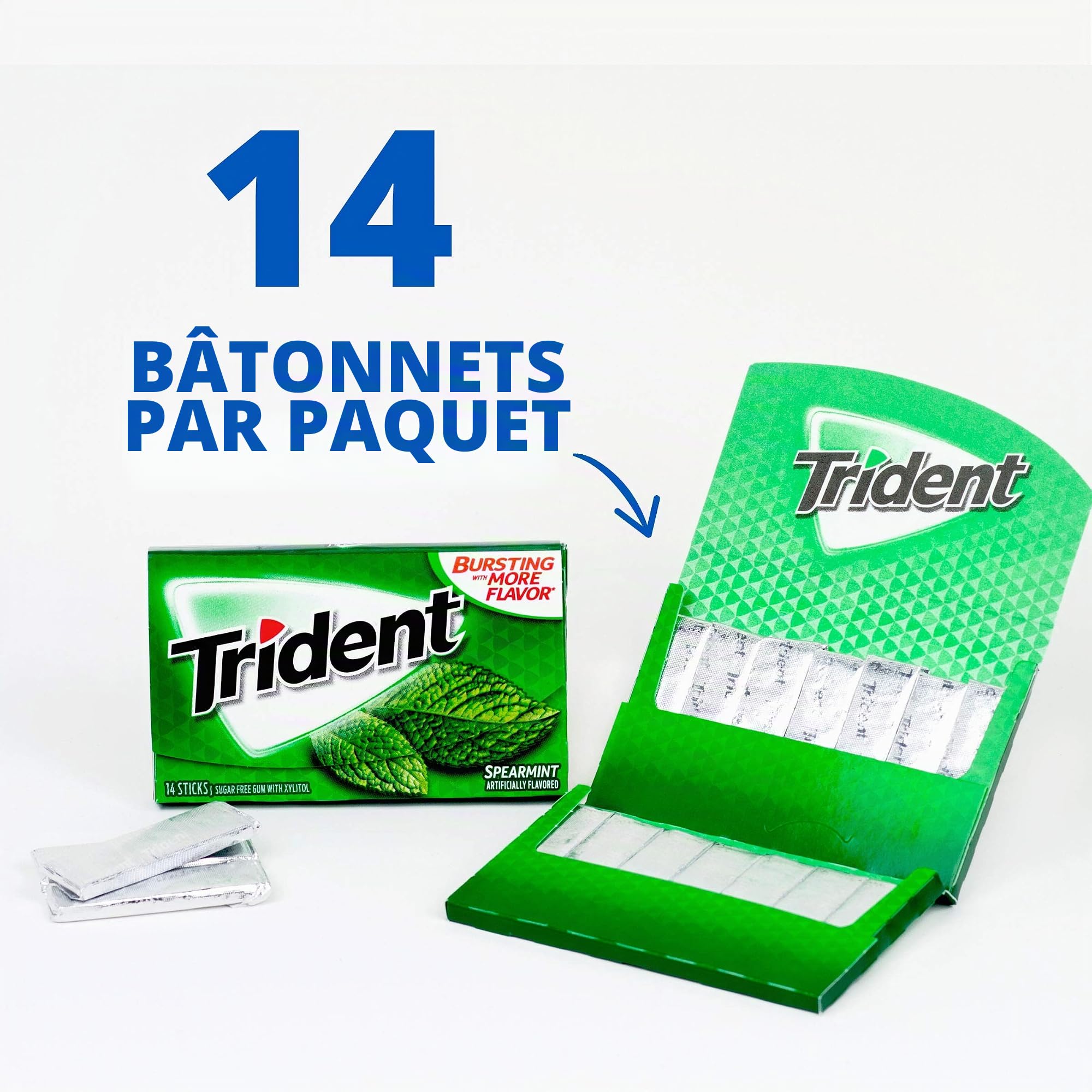 Trident Gomme à mâcher sans sucre à la menthe verte, menthe verte, 12 paquets de 14 (168 au total)