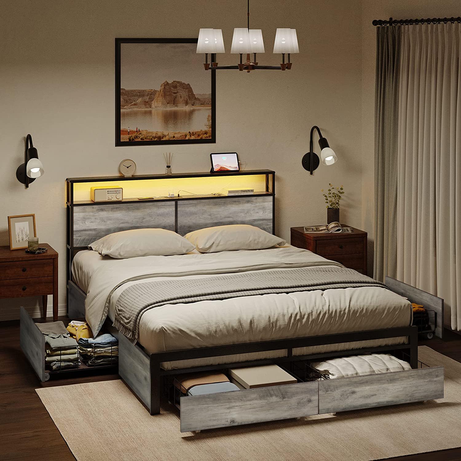 HAUSOURCE Queen Bed Frame with Storage Headboard and 4 Drawers LED Lights Metal Platform Non-Slip Without Noise Mattress Foundation Strong Metal Slats Support No Box Spring Needed,Greige
