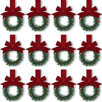 Retrowavy 12 Pcs Christmas Kitchen Cabinet Wreaths with Ribbon 3.94 Inch Mini Christmas Wreath Small Kitchen Xmas Decor for Window DoorBurgundy Red,Classic Style