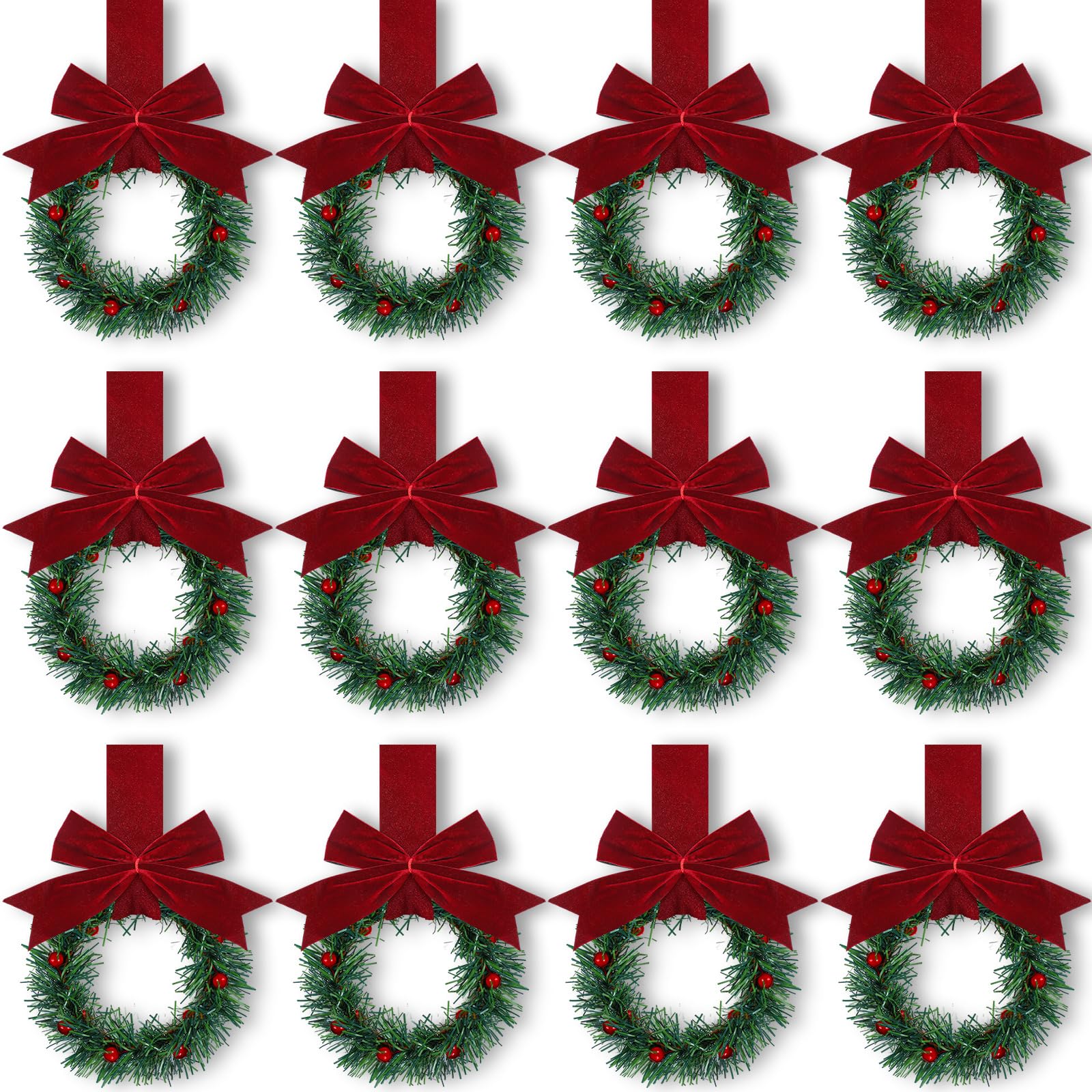 Retrowavy 12 Pcs Christmas Kitchen Cabinet Wreaths with Ribbon 3.94 Inch Mini Christmas Wreath Small Kitchen Xmas Decor for Window Door(Burgundy)