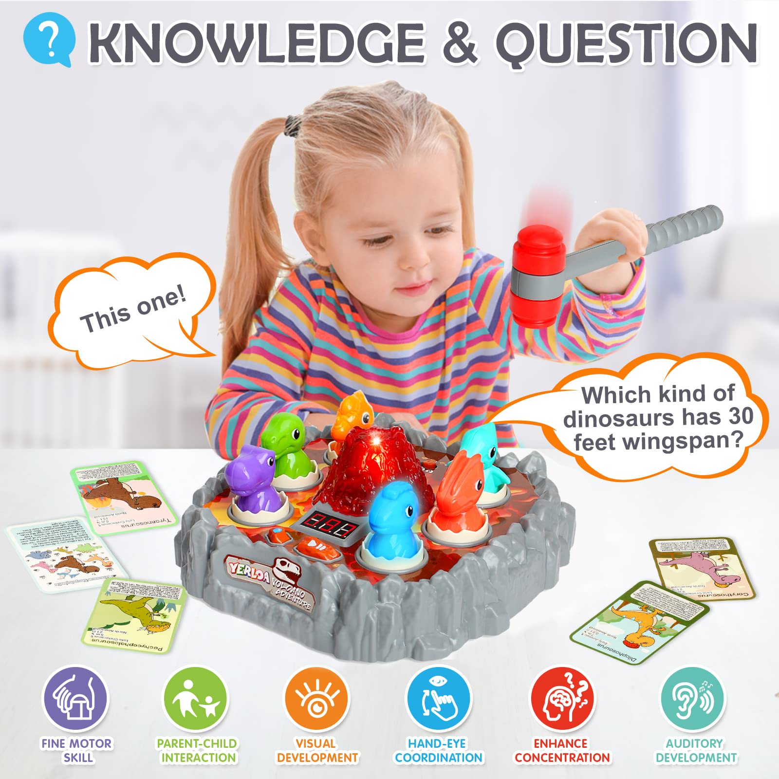 Yerloa Jeu de la Taupe pour Les Tout-Petits, Jouets interactifs Dinosaures pour Enfants de 3 à 5 Ans, garçons/Filles avec Son et lumière, Jouet Volcan en Spray 3 4 5 6 7 Ans avec 2 marteaux Souples