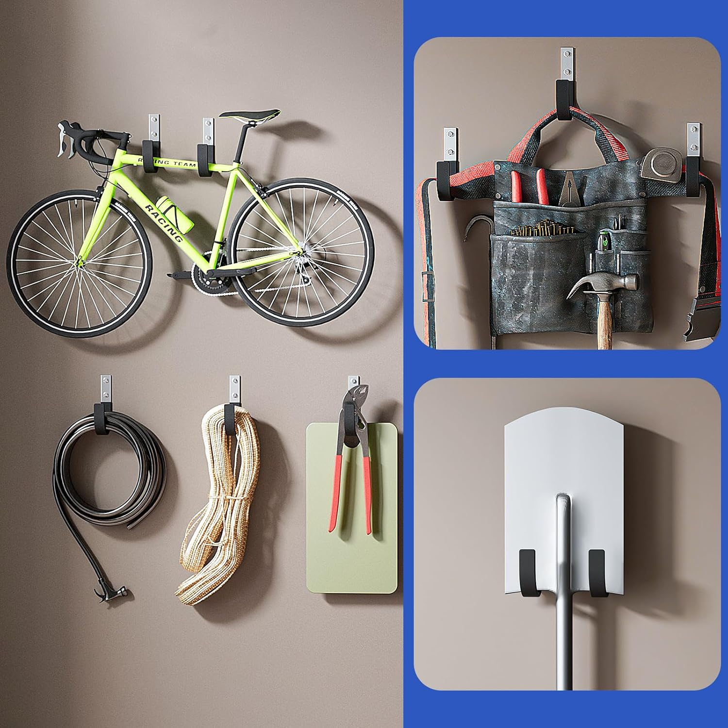 Heavy Duty Wall Hooks, Garage Storage Utility Hooks, Steel Wall Mount Hanger, Tool Organizer Hose Hanger Steel U Hooks for Garage & Garden (6, Black)