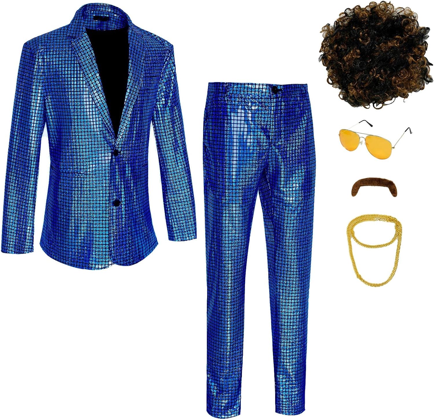 Men's 70s Disco Costume Shiny Metallic Sequin Suits Set Prom Party 2 Piece Outfits