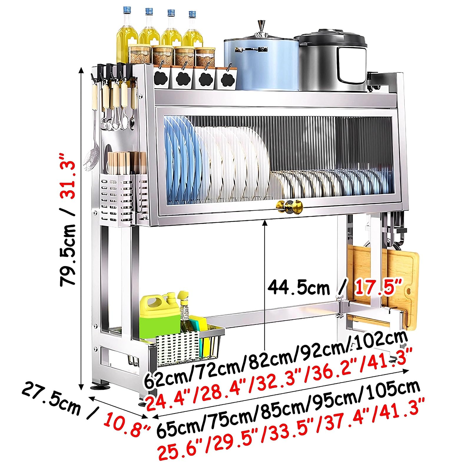 Abtropfgestell mit 2 Ablagen Über der Spüle Spülbecken Organizer Edelstahl Schmal mit Tür und Saugnapffüßen Küchenorganizer Spüle Organizer für Einzel und Doppelspülen(75 * 27.5 * 79.5cm)