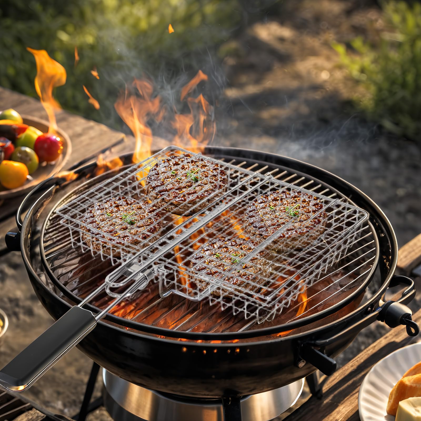 Cestino per grill, barbecue e barbecue, in acciaio inox, grande, pieghevole, con manico, portatile, da campeggio, per pesce, gamberetti, verdure, accessori da cucina