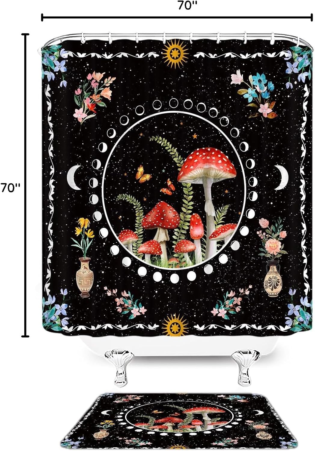 2 Pcs Shower Curtain Set Mushroom Bath Mat Moon Phase Aesthetic Botanical Flower Butterfly Boho Astrology Tarot Bathroom Bedroom Kitchen Rug Bath Mat 16x24 and Shower Curtain 70X70 Inch