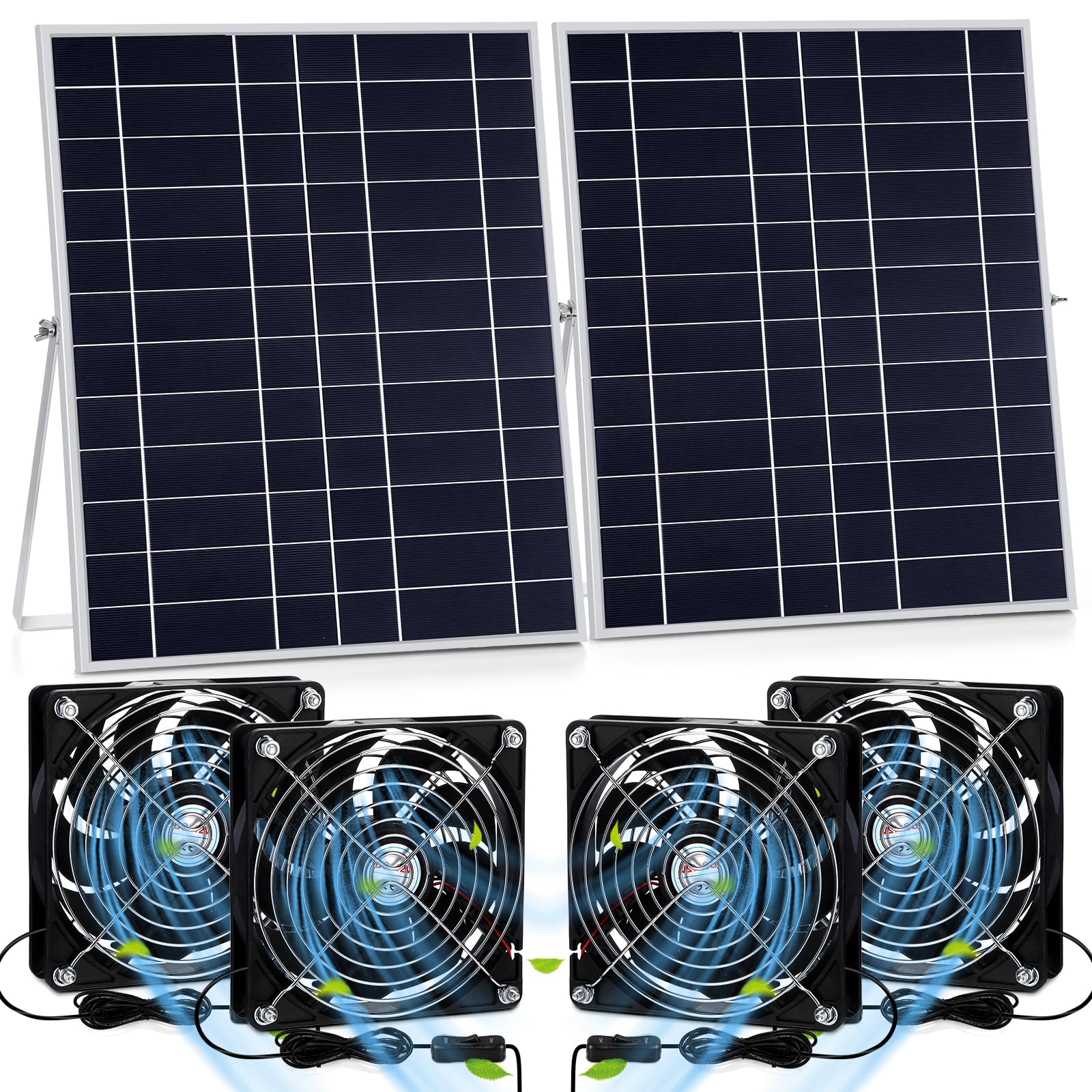 20w Solar Powered Fan Kit for Chicken Coop IP67 Waterproof Dual Solar Greenhouse Fan 3500 RPM High Speed Exhaust Fan with 10ft Cable for Shed Pet House Window Outside Inside(2 Set)