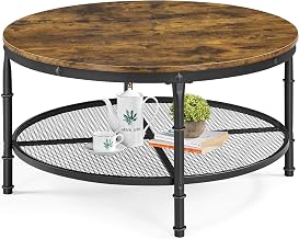 Yaheetech 35.5in Round Coffee Table,2-Tier Industrial Furniture Table for Living Room w/Iron Mesh Storage Shelf,Wooden Tabletop,Rounded Edges,X-Shaped Reinforcing Bar,Open Shelf