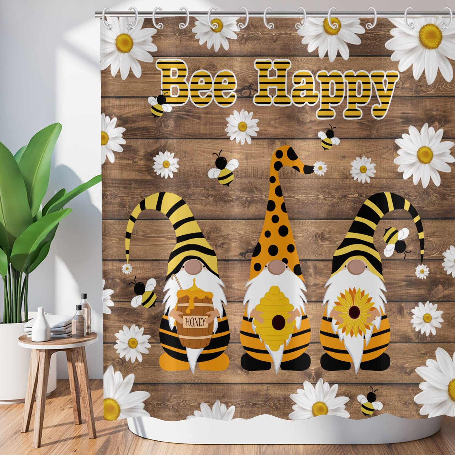 GCIREC Bee Happy Gnomes Shower Curtain, Cute Gnomes Daisy Flower Brown Wooded Plank Bathroom Curtain Bathtub Home Decor Waterproof Fabric Machine Washable with 12 Hooks — image 1