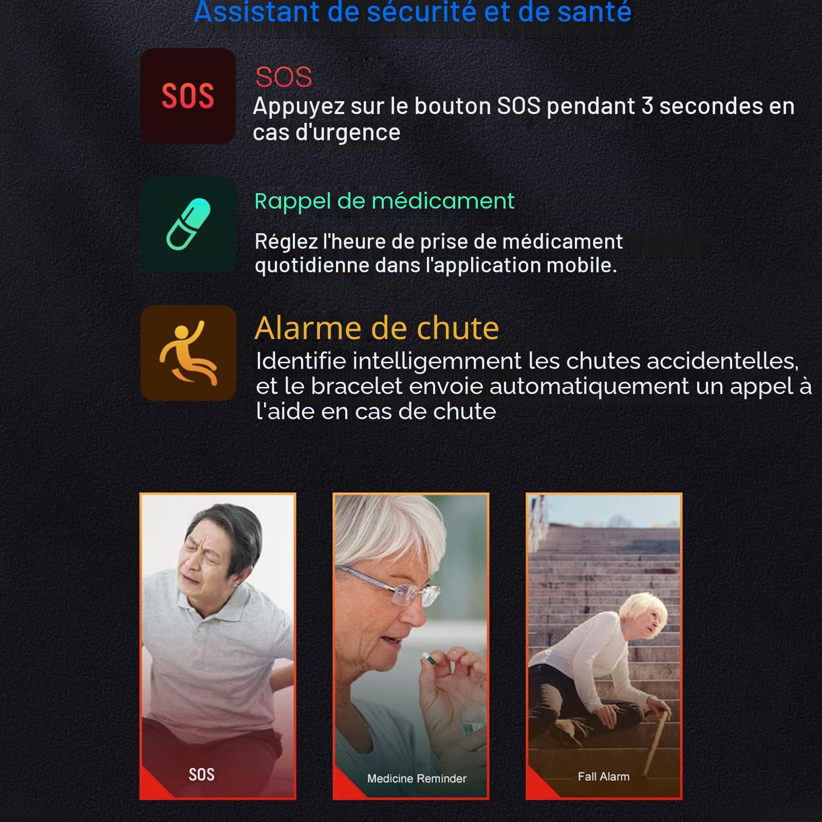 Bracelet Sos Montre De Téléphone Étanche Intelligente Anti-Perte Tracker GPS avec Détecteur de Chute Bouton Panique SOS Téléphone étanche pour Android iOS (Noir)