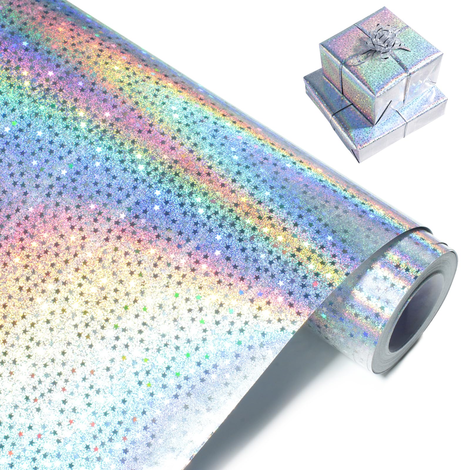 Silver Holographic Wrapping Paper, Metallic Glitter Star Gift Wrap Paper Roll for Birthday, Wedding, Mother's Day, Baby Shower, Christmas - 43cm x 10m