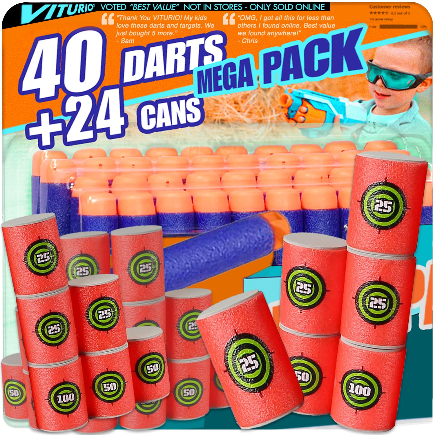 Amazon.com: Viturio 24 Soft Foam Targets Set for Nerf N Strike, Gun,  Pistol, and 40 Soft Bullet Dart Cans (64 Pieces Total) Shooting Practice,  Toy Blasters, Boys and Girls : Toys & Games