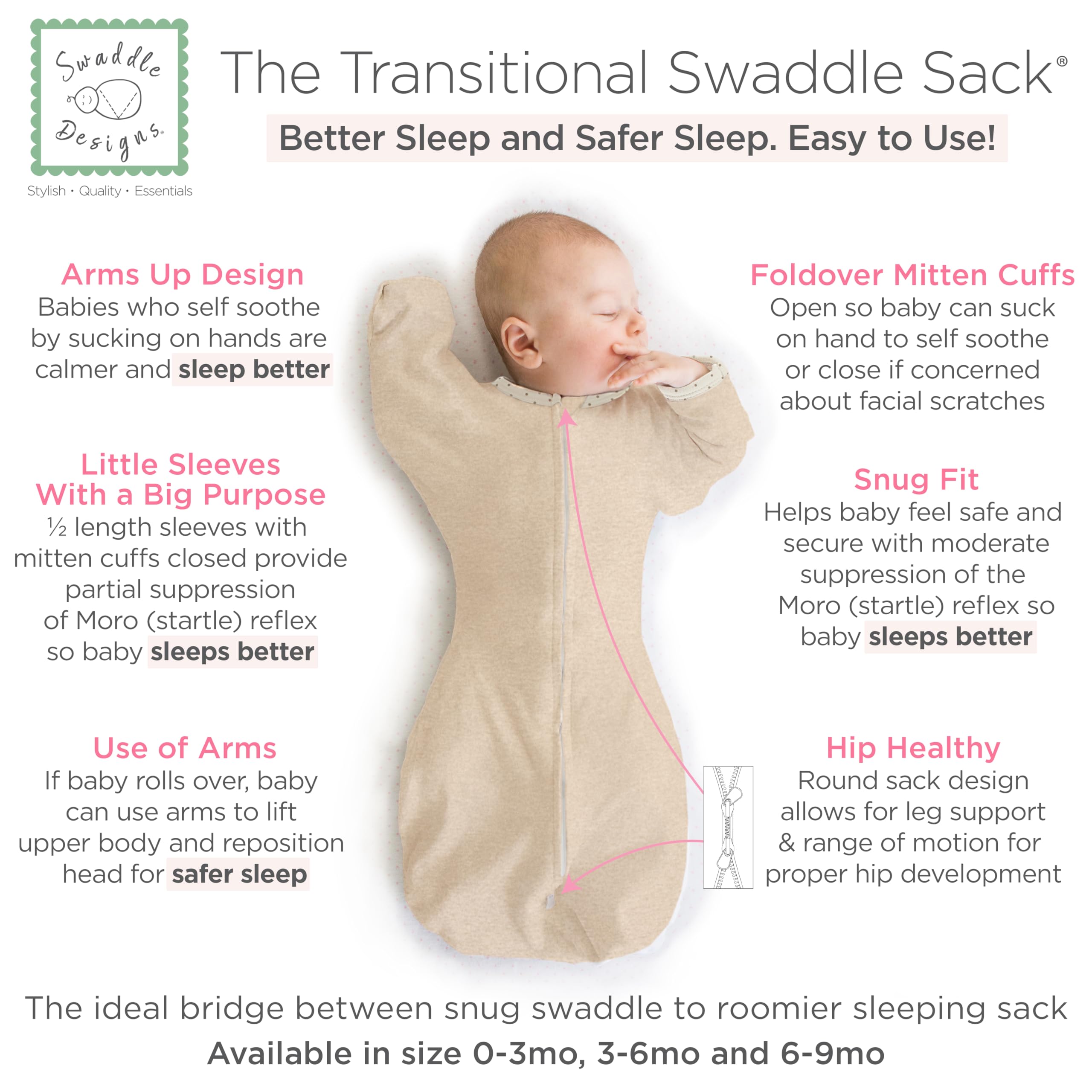 SwaddleDesigns Transition Bag with Arm Up Half Sleeve and Wrist Mitts, Heather Oatmeal with Polka Edge, Medium, 3-6 Months - Image 2