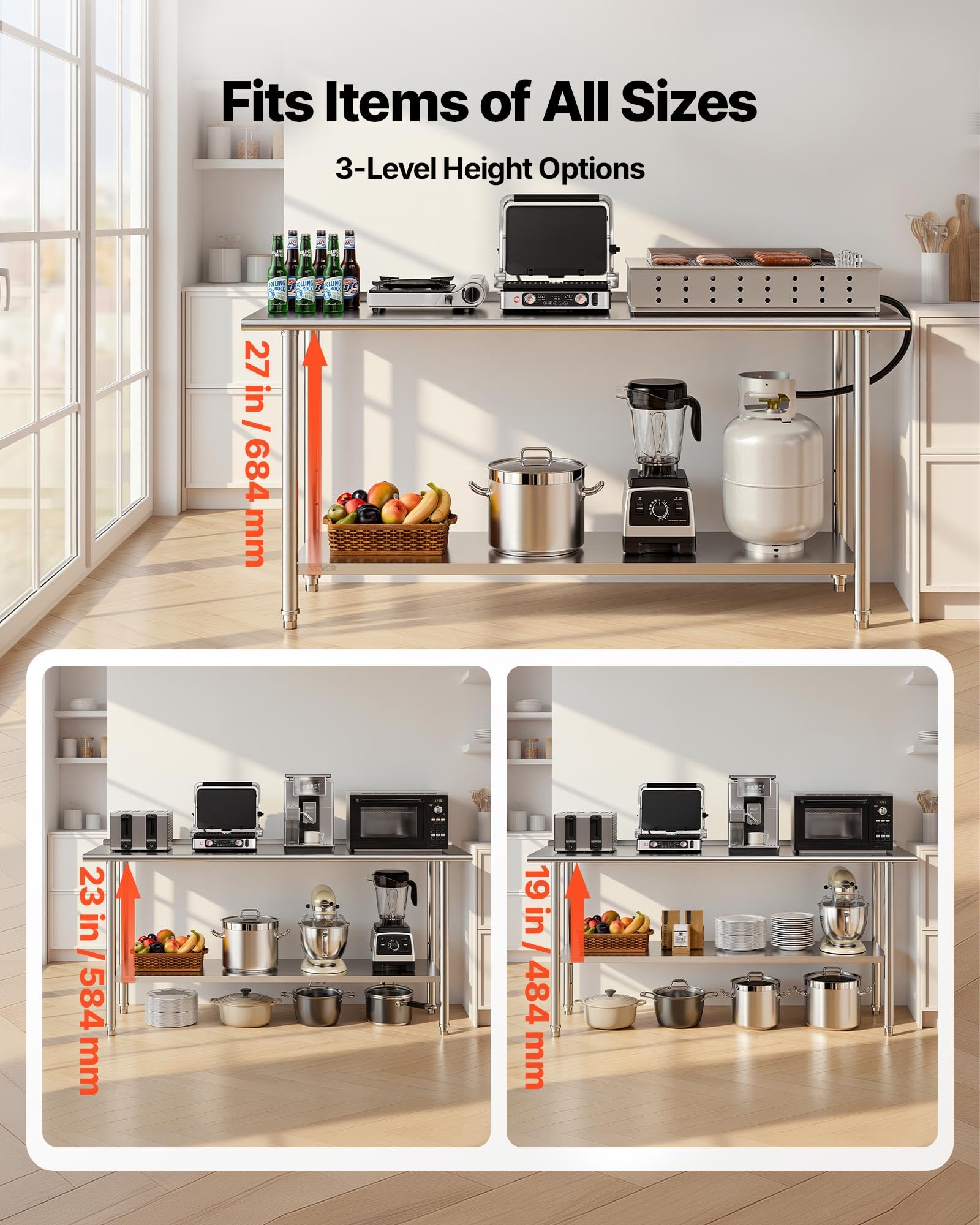 VEVOR Mesa de Trabajo de Acero Inoxidable 2 Niveles, Mesa de Preparación de Alimentos 182,9x61x89,4 cm, Estante Inferior Ajustable, Protector contra Salpicaduras, para Restaurantes, Bares, Hoteles