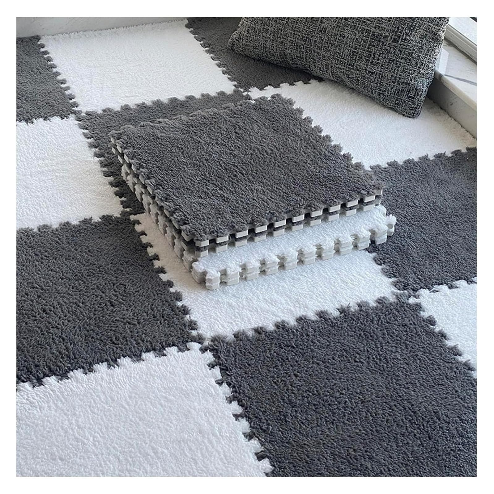 TonuuoDC Plush Interlocking Foam Carpet Tiles with Border,12Pcs 12"X12"X0.4" Thick Padded Squares Floor Tiles,Fluffy Puzzle Play Mat for Home Decor(Gray+White)