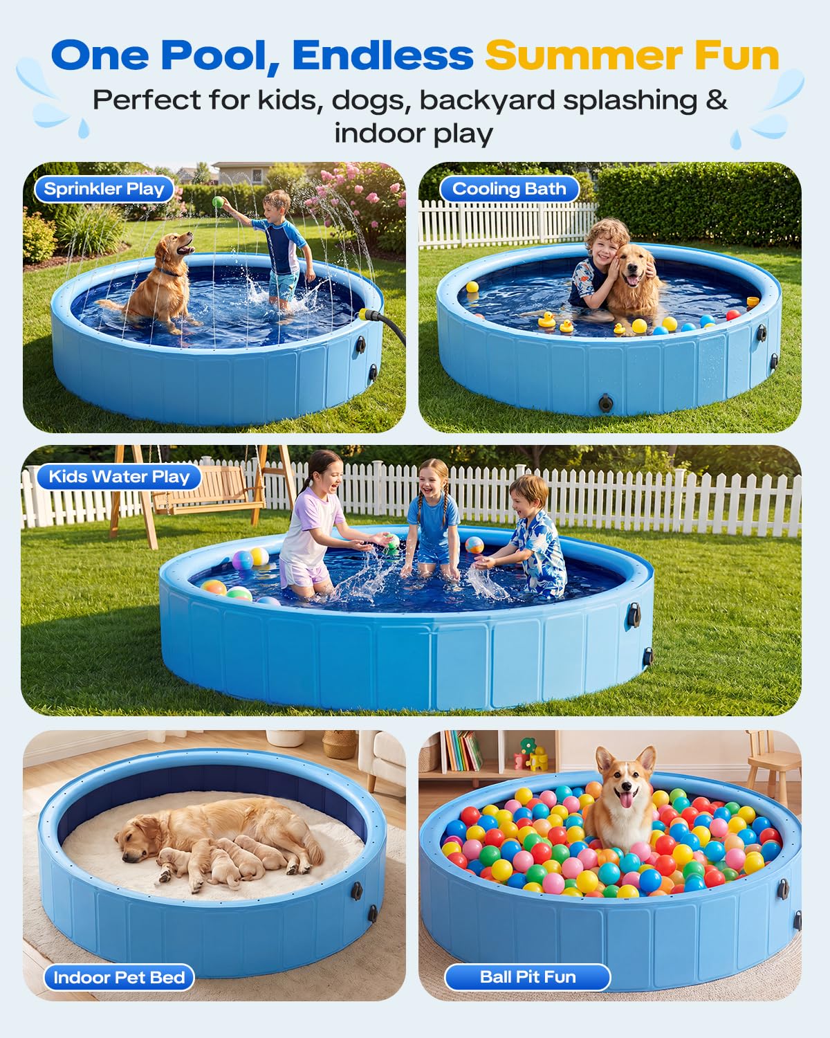Raxurt Faltbarer Hundepool mit Sprühkopf, 79inch strapazierfähiger Hundepool, 2-in-1 rutschfeste PVC-Badewanne für Haustiere für den Außenbereich im Garten