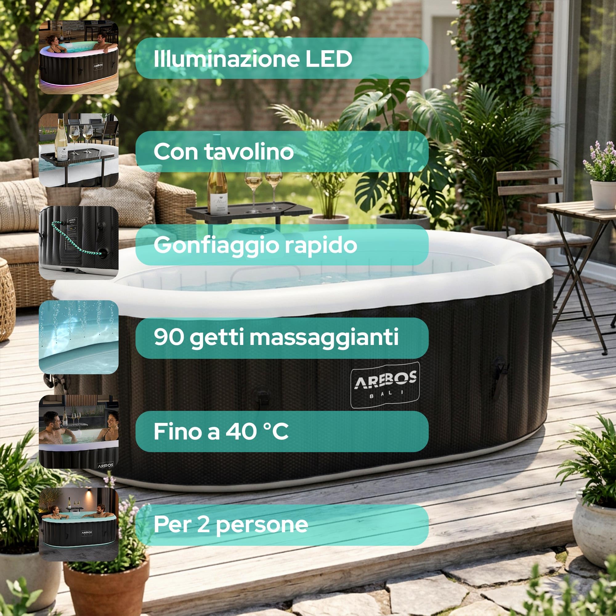Arebos Vasca idromassaggio con illuminazione a LED | Gonfiabile | Indoor & Outdoor | 190x120 cm ovale | 2 persone | 90 getti di massaggio | con riscaldamento | 550 litri | Incl. copertura | Bubble Spa