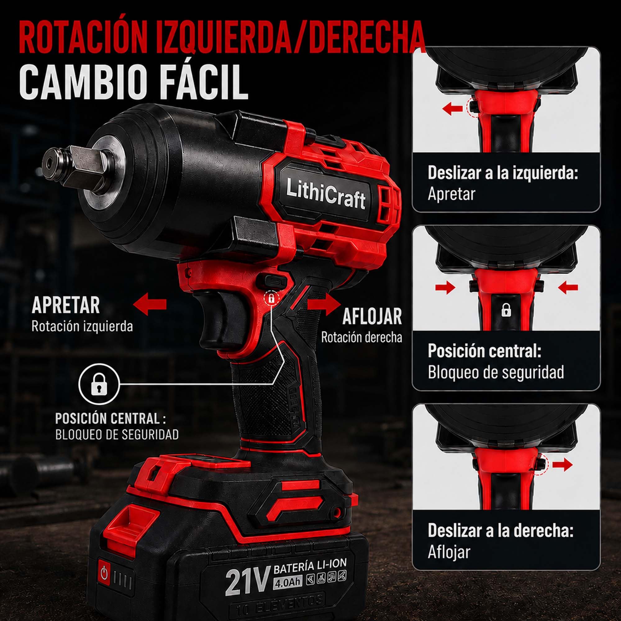 Llave de Impacto Inalámbrica 1/2 Pulgada, 1200 Nm Brushless, 2 Baterías 4,0Ah, Cargador Rápido, 5 Vasos 17/19/21/22/24 mm, para Cambio de Ruedas, Coche y Bricolaje