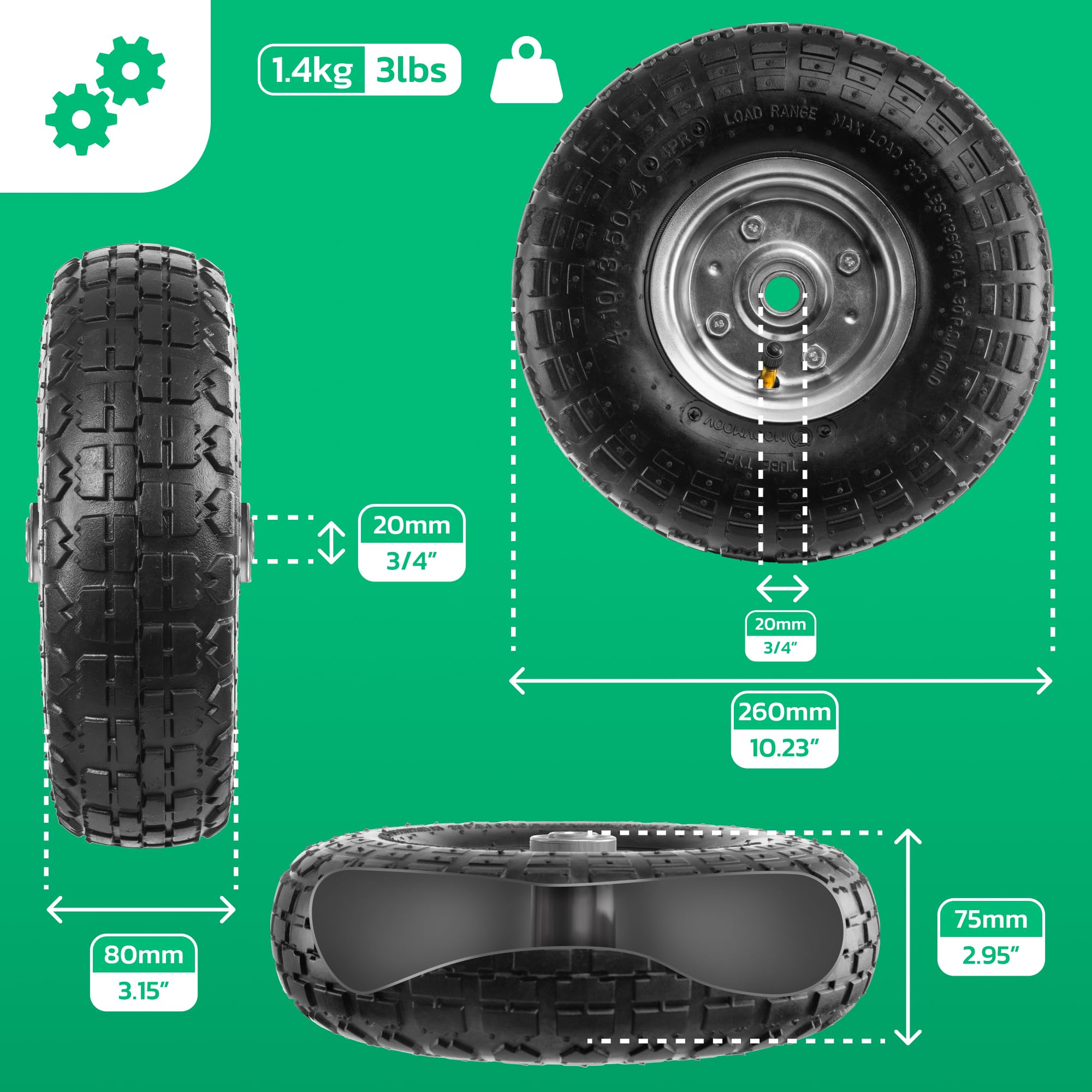 MOOVMOOV Roue gonflable 4.10/3.50-4 (x2) Alésage 20mm - Pour diable, chariot et brouette. Roue complète : pneu + chambre à air avec valve coudée + jante acier avec roulements à billes