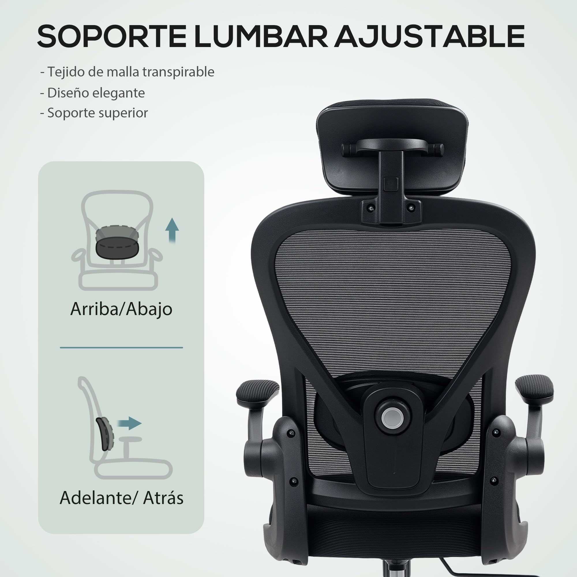 HOMCOM Silla de Oficina Giratoria de Malla Transpirable 120 kg Negro | Silla de Escritorio, Altura Ajustable, Reposacabezas y Soporte Lumbar Ajustables, Silla de Despacho Basculante