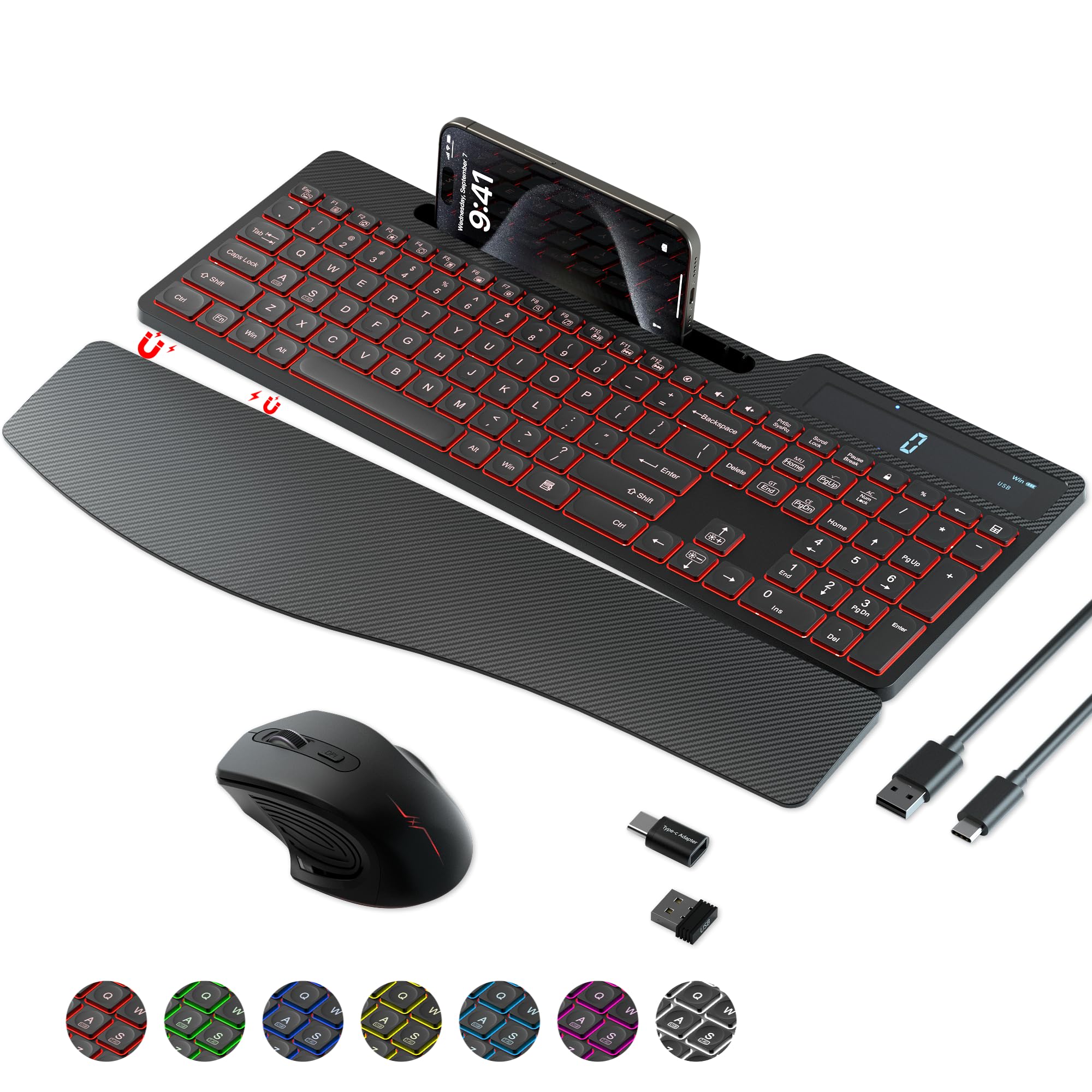 Wireless Keyboard Mouse Combo, Full Size Ergonomic Keyboard with Backlit, Wrist Rest, Calculator, Phone Holder, 2.4Ghz Silent Cordless Rechargeable