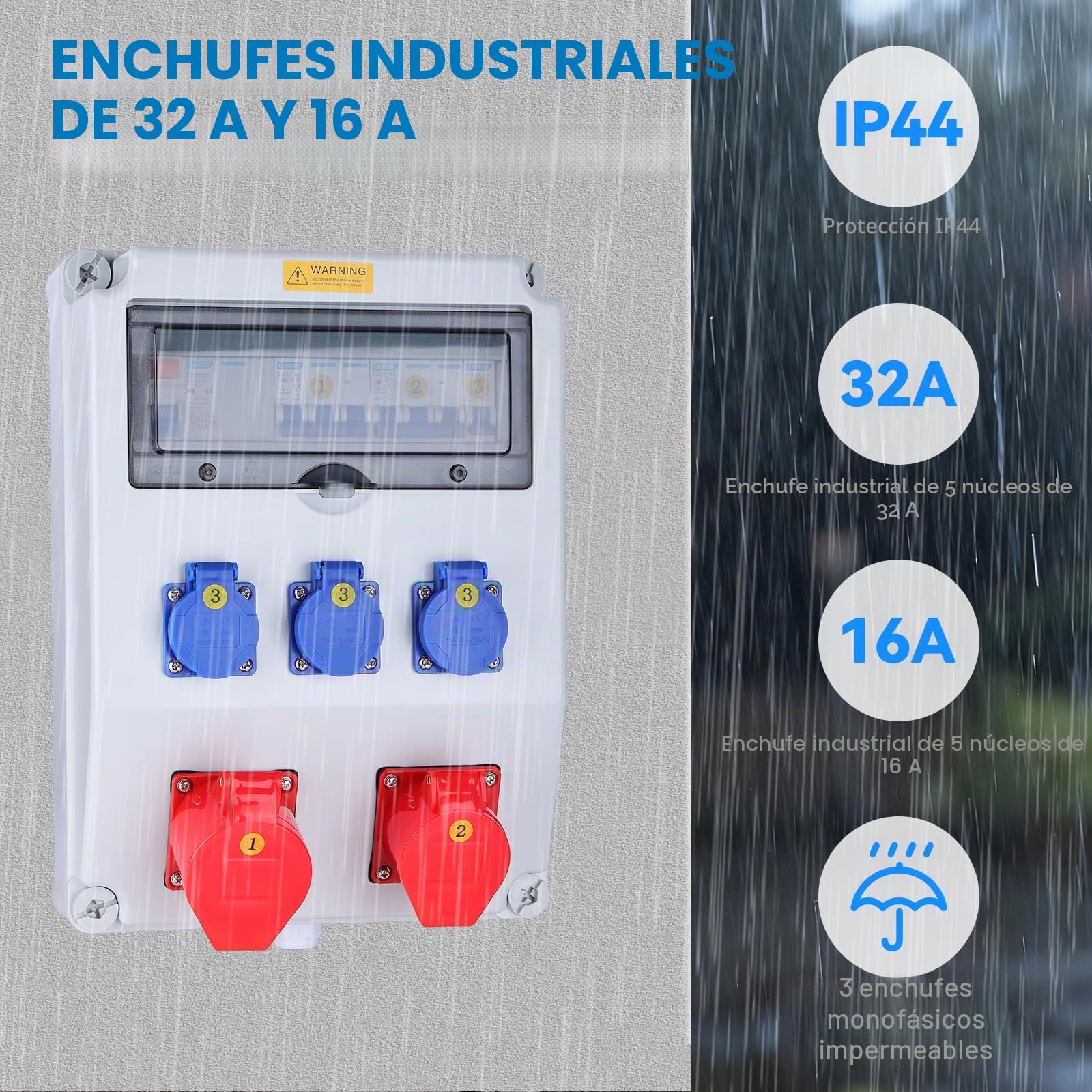 Securex Caja de Astillero Cuadro Eléctrico de Obra Trifásico 400V, Cuadro de Distribución Eléctrica Industrial con Interruptor Diferencial 63A, Tomas Industriales 16A y 32A